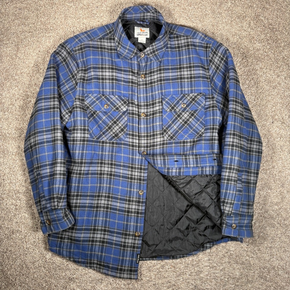 Field‎ Stream Mens Quilted Flannel Shirt Jacket Blue Grey Plaid Shacket Large